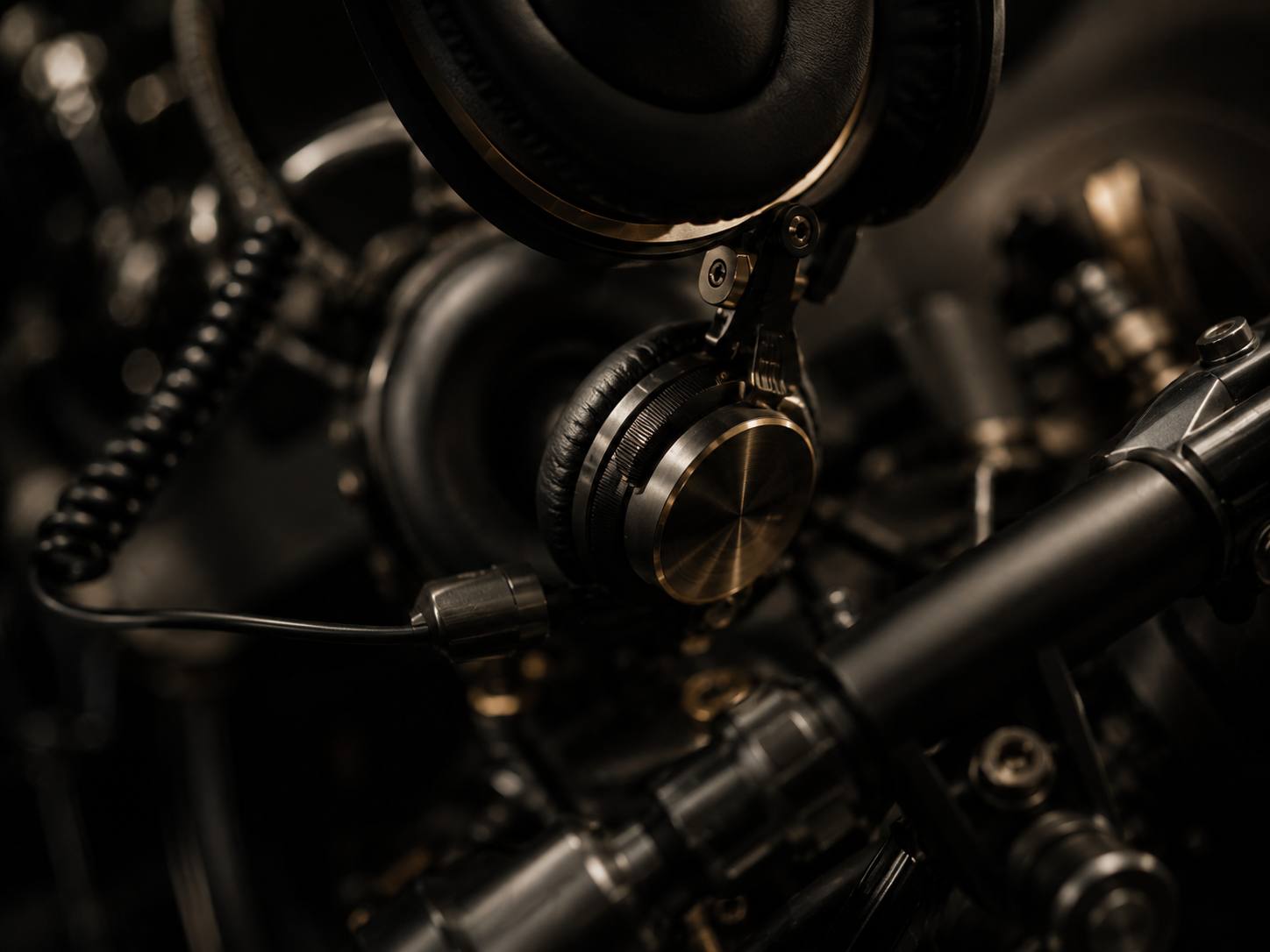 Studio headphones resting on a dense assembly of black machinery, brass fittings catching the light.