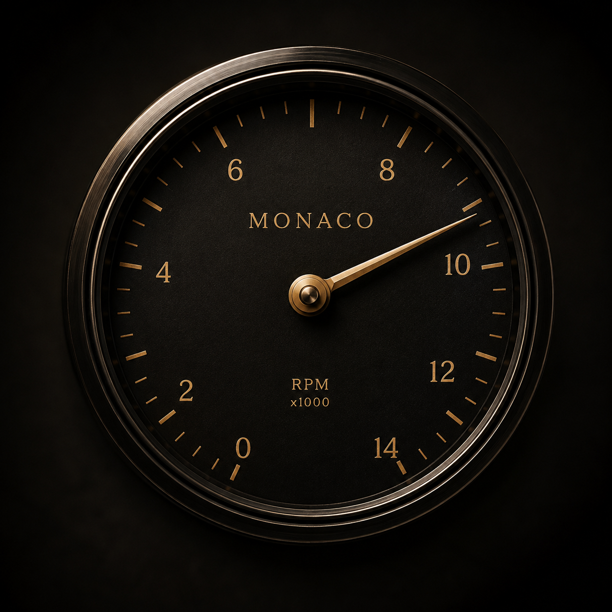 A Monaco tachometer photographed head on, its brass needle and markings against a black dial.