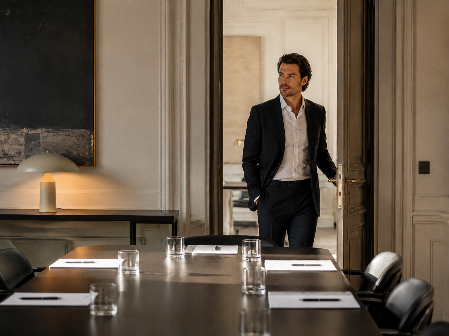 A composed person entering a modern European interior where the documents are already placed and the room is already ready.