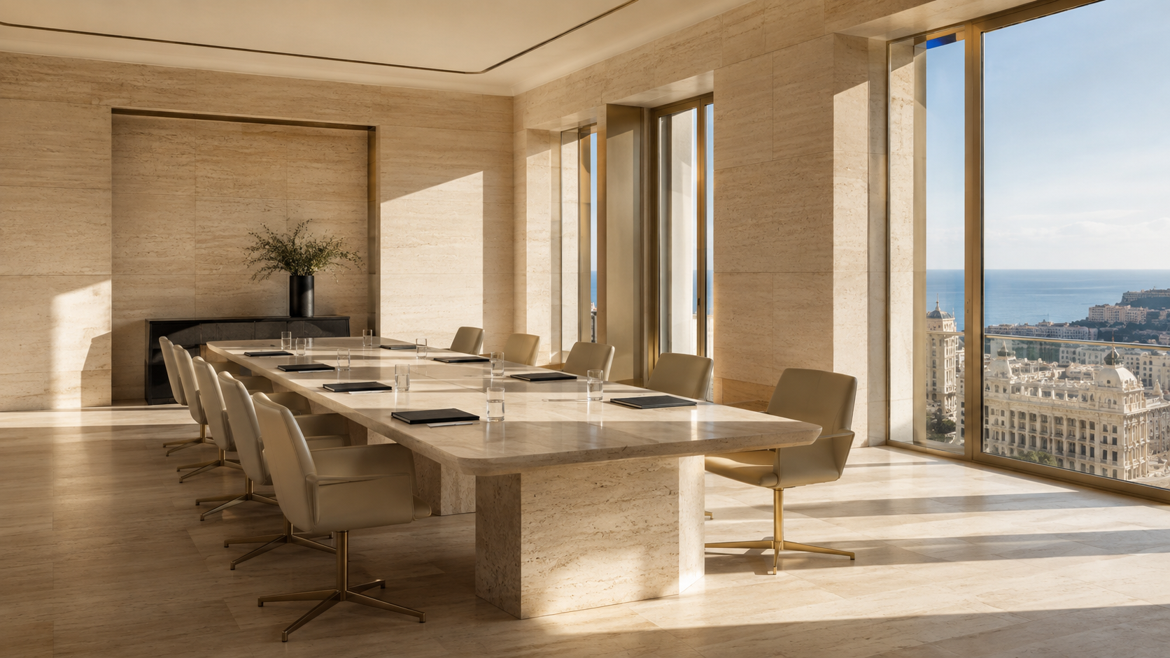 An empty boardroom in Mediterranean light, the travertine table set and waiting, the sea beyond the windows.