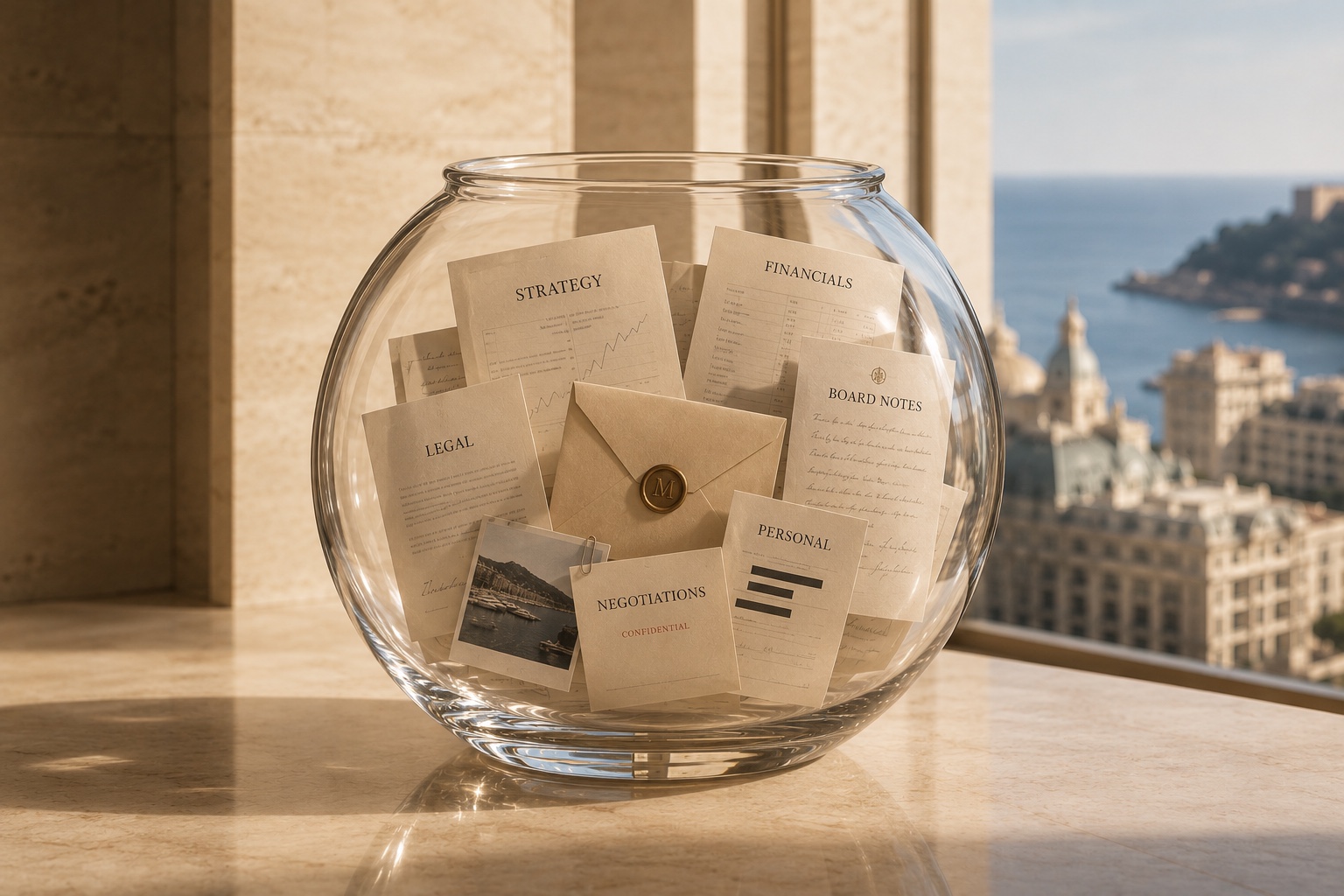 A glass bowl on a travertine sill above the Monaco coastline, filled with private papers — strategy, financials, board notes, legal, negotiations, personal — and a wax-sealed envelope, every one of them legible through the glass.